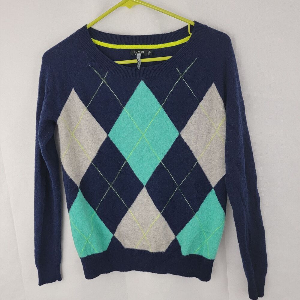 APT 9 Womens Sweater Sz S Cashmere Argyle BLUE Preppy Classic Tennis Academia